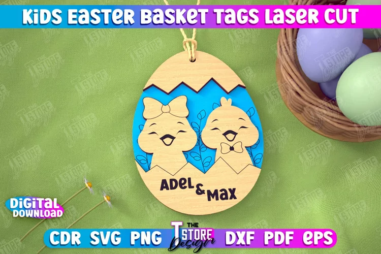 Personalized Kids Easter Egg Basket Tag Laser Cut SVG Design