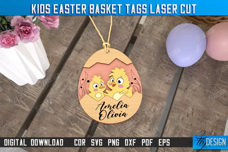 Kids Easter Basket Tag Laser Cut Design, Personalized Tag