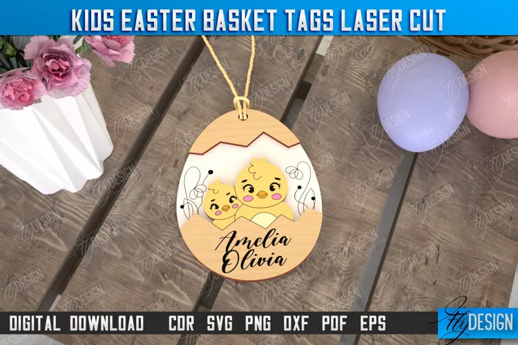 Kids Easter Basket Tag Laser Cut Design, Personalized Tag