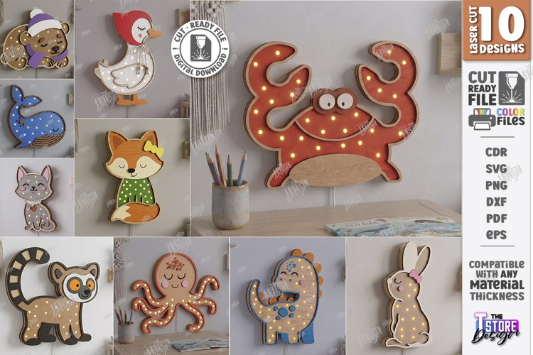 Kids Night Light Laser Cut Bundle | 3D Animal Lamp | Nursery