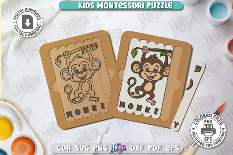 Kids Wooden Puzzle Laser Cut | Montessori Toy | Monkey SVG
