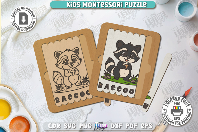 Kids Wooden Puzzle Laser Cut | Montessori Toy | Raccoon SVG