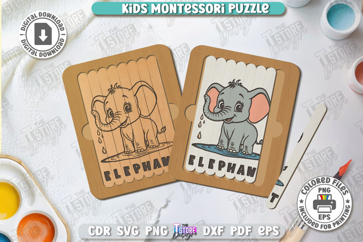 Kids Wooden Puzzle Laser Cut | Montessori Toy | Elephant SVG