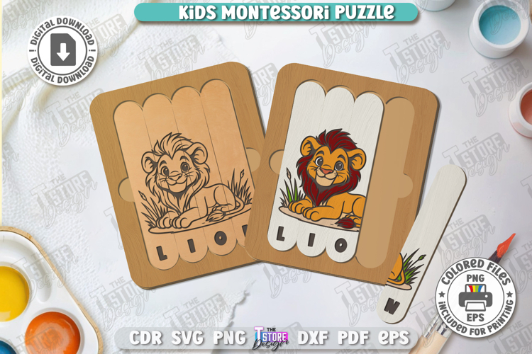 Kids Wooden Puzzle Laser Cut | Montessori Toy | Lion SVG
