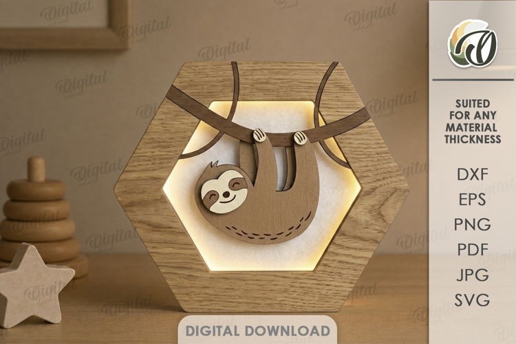3D Kids Night Lamp Laser Cut. Night Light. Sloth SVG