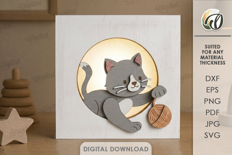 3D Kids Night Lamp Laser Cut. Night Light. Cat SVG example image 1