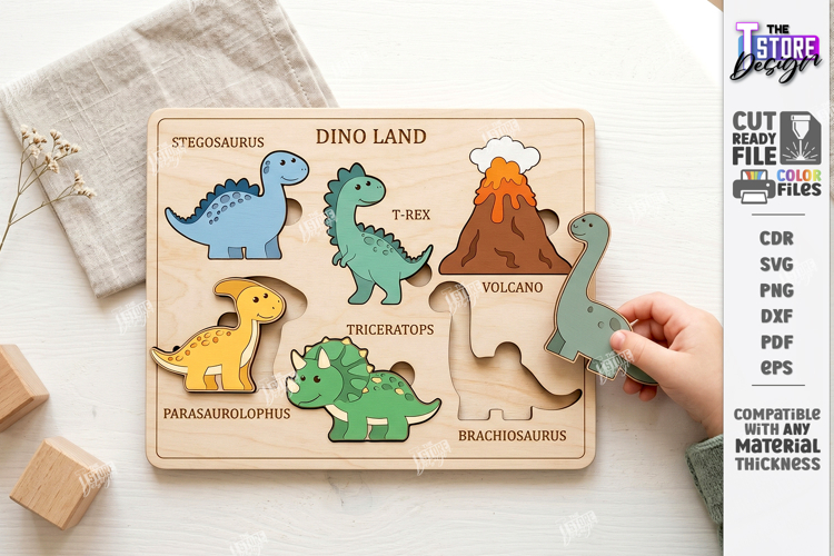 Wooden Kids Puzzle Laser Cut | Kids Laser | Dinosaurs SVG