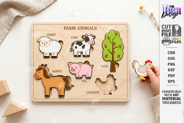 Wooden Kids Puzzle Laser Cut | Kids Laser | Farm Animals SVG