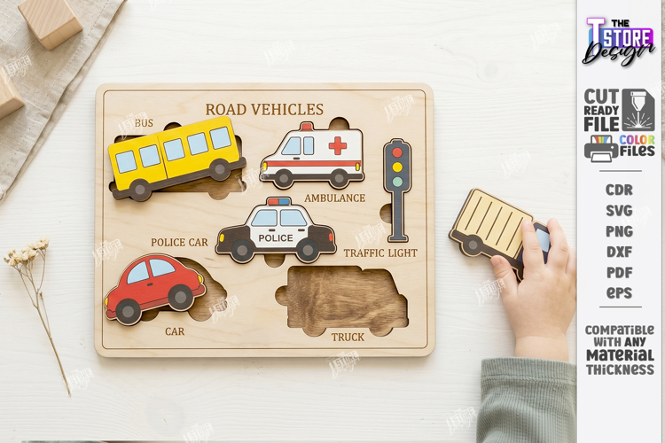 Wooden Kids Puzzle Laser Cut | Kids Laser | Road Vehicles