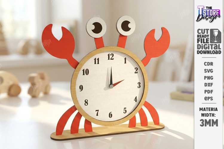 Kids Table Clock Laser Cut | Crab Shaped Clock | Kids Laser