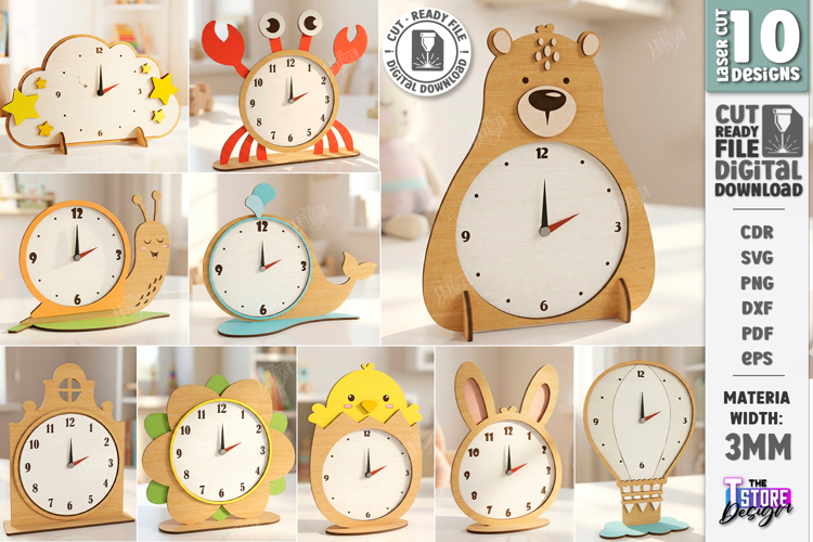 Kids Table Clock Laser Cut Bundle | Animal Shaped Clock SVG