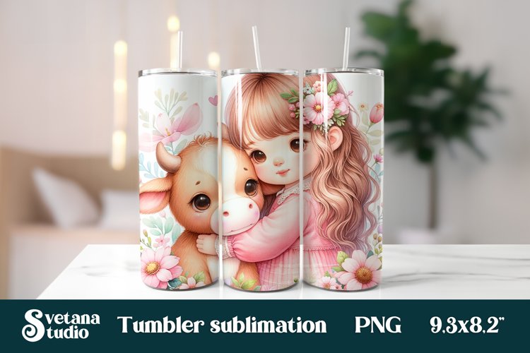 Cute baby cow flower tumbler wrap sublimation design