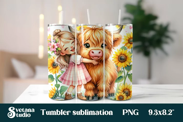 Cute baby highland cow sunflower tumbler wrap 20 Oz