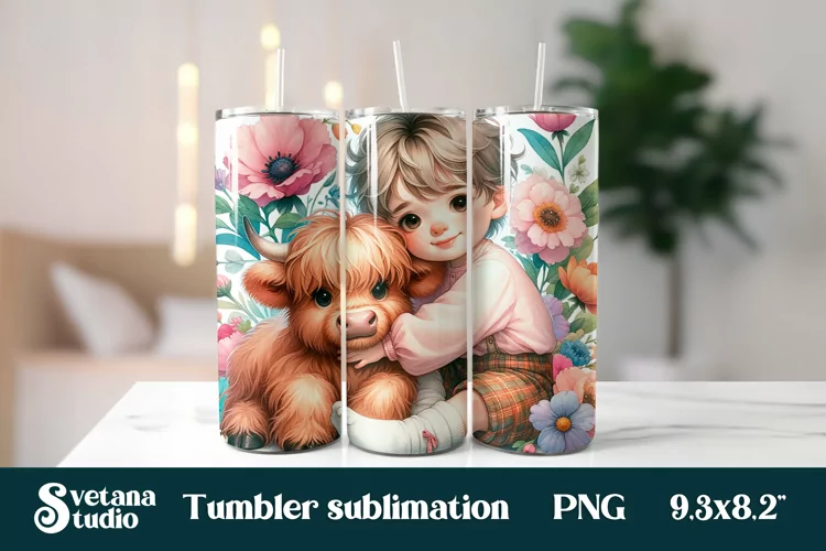Baby highland cow pink flower tumbler wrap sublimation