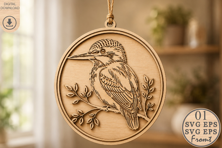 Kingfisher Laser Cut File SVG, Bird Round Ornament SVG