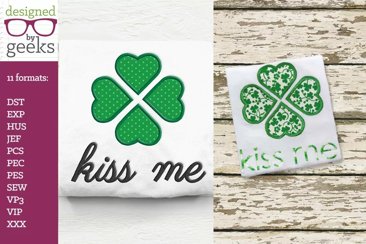 Kiss Me Large Clover St. Patty's Day Applique Embroidery Duo