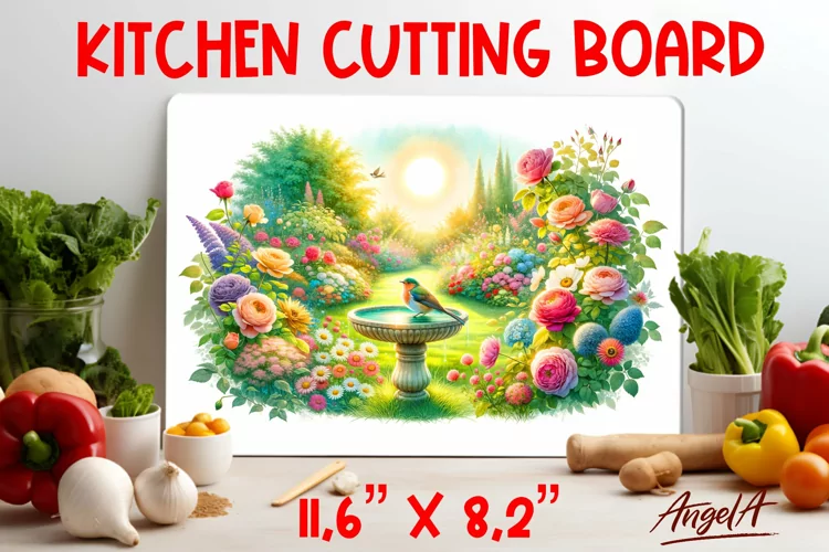 Kitchen cutting board, wall decor / bird, flowers, garden