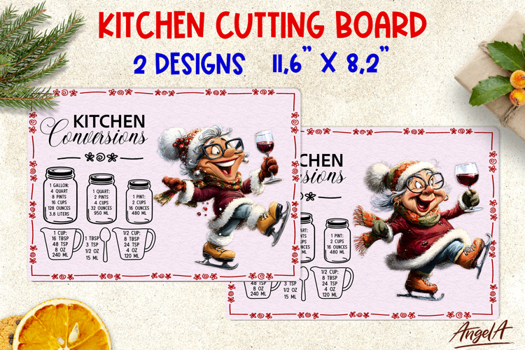 Christmas cutting board Kitchen board Old lady skating PNG