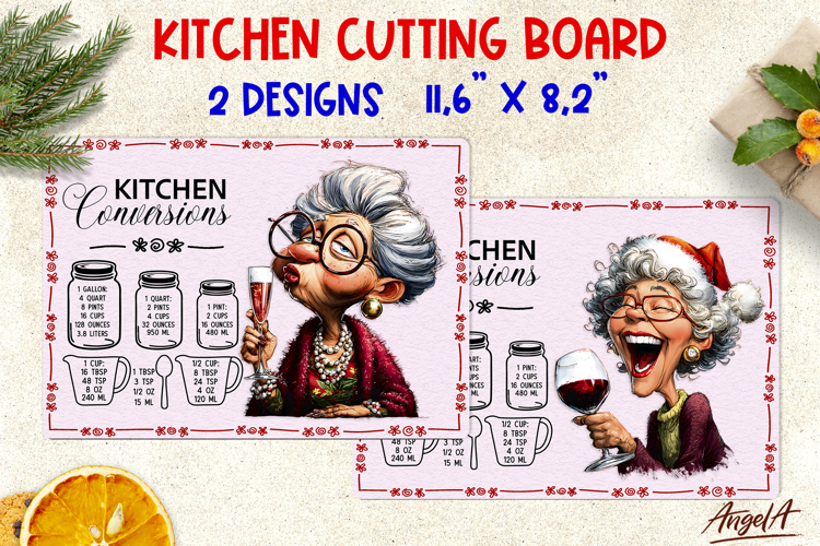Chopping board Christmas lady drinking wine Grandma gift PNG