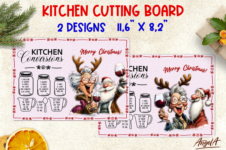 Christmas Chopping board Elderly lady drinking wine Santa