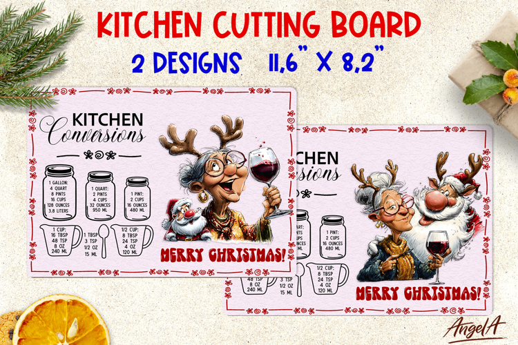 Christmas cutting board Elderly lady drinking wine Santa
