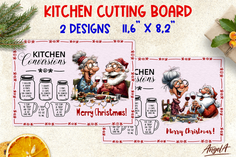 Christmas kitchen cutting board Elderly lady with Santa