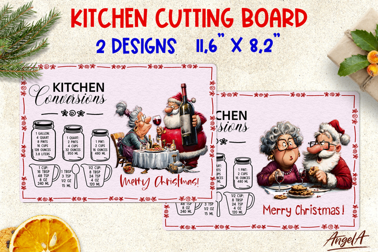Merry Christmas glass cutting board Old lady Santa Humor PNG