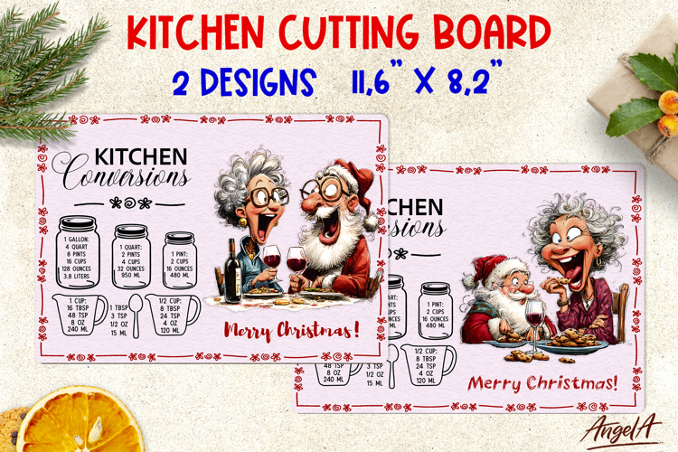 Merry Christmas glass cutting board Old lady Santa Humor PNG