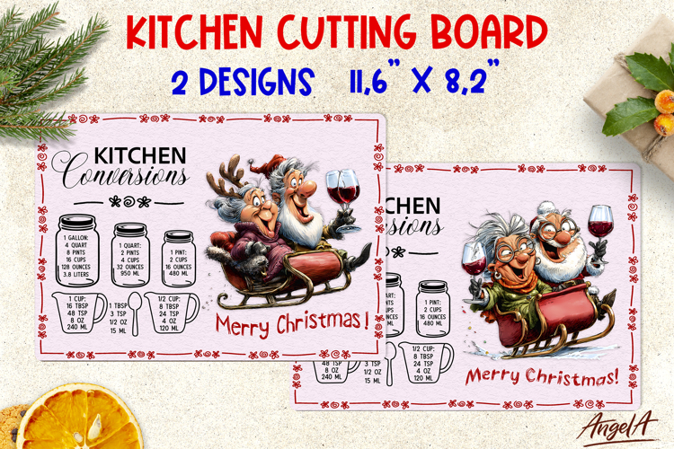 Merry Christmas glass cutting board Old lady Santa Claus PNG