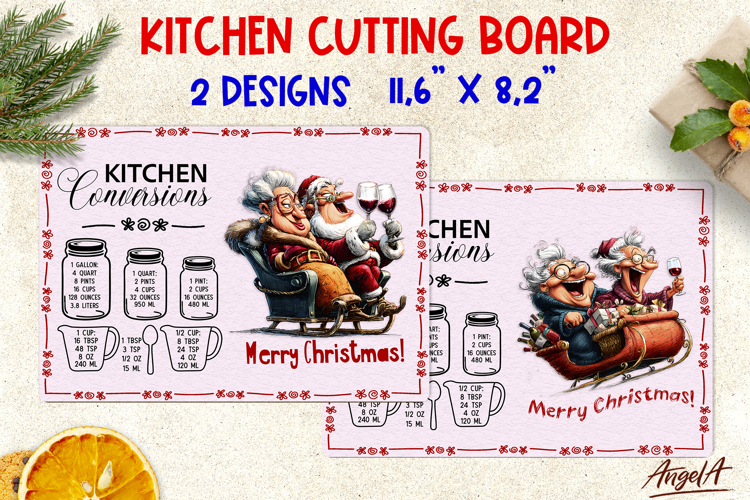 Merry Christmas glass cutting board Old lady Santa Claus PNG