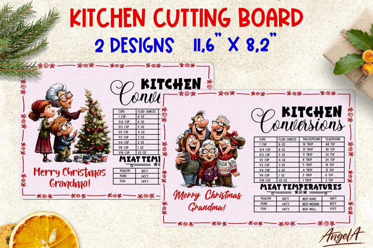 Christmas kitchen chopping board Grandma with family