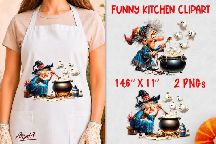 Kitchen clipart Funny Old lady Witch cooking in cauldron PNG