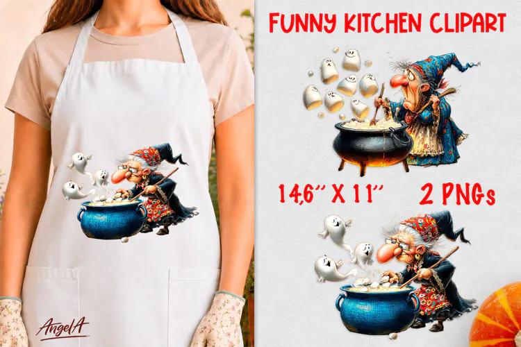 Kitchen clipart Funny Witch and ghosts cooking in cauldron