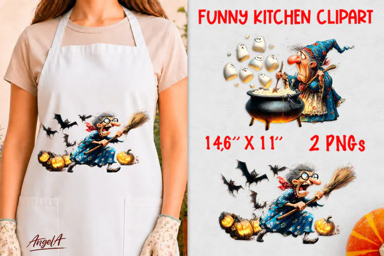 Kitchen clipart Funny Witch and ghosts cooking in cauldron