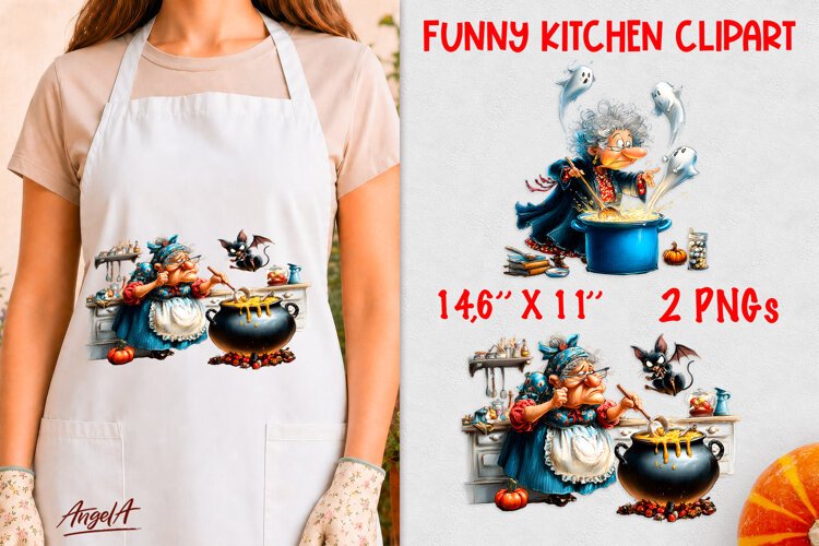 Kitchen clipart Funny Witch and ghosts cooking in cauldron example image 1