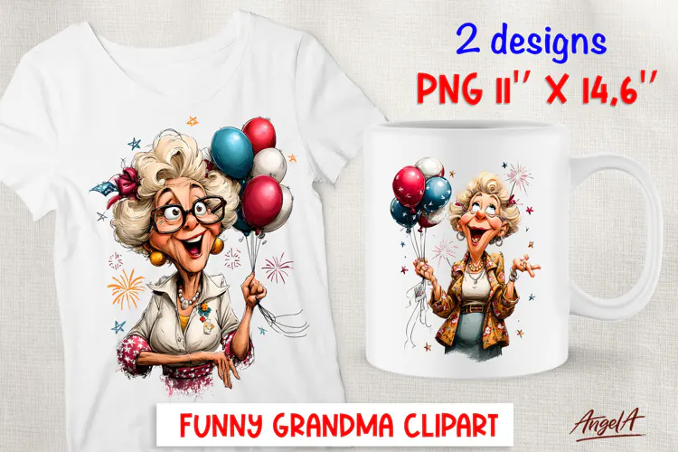 Grandma clipart elderly old lady with balloon Party Birthday