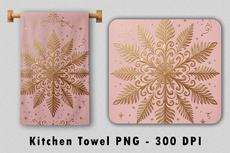 Pink Gold Snowflake Kitchen Towel Sublimation PNG 300 DPI