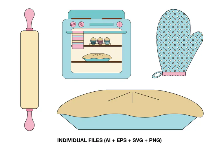 Baking Clipart with Oven, Rolling Pin, Pie & Oven Mitt