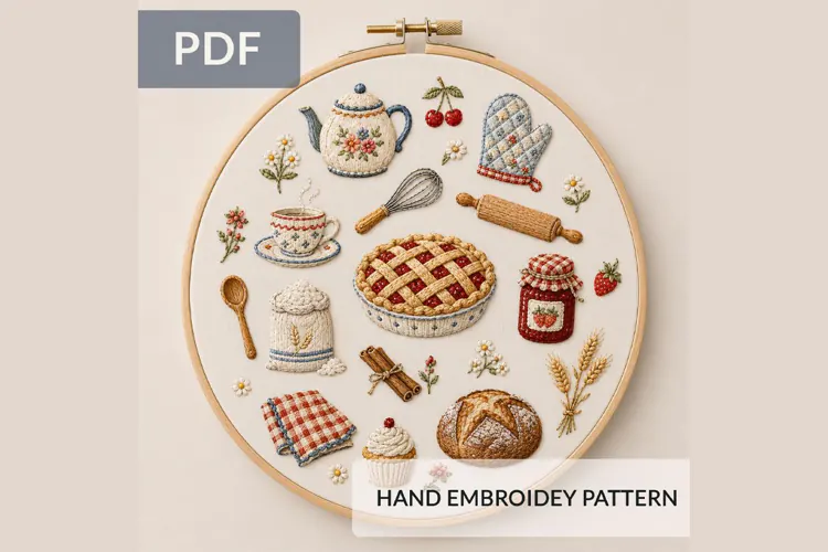 Cozy Kitchen Hand Embroidery Pattern PDF Baking Tea Hoop