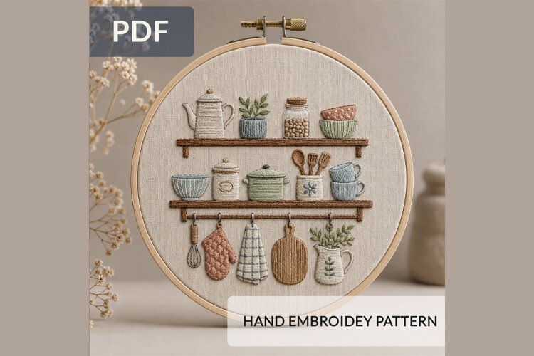 Cozy Kitchen Shelf Hand Embroidery Pattern PDF, Rustic Kitch example image 1