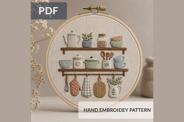 Cozy Kitchen Shelf Hand Embroidery Pattern PDF, Rustic Kitch