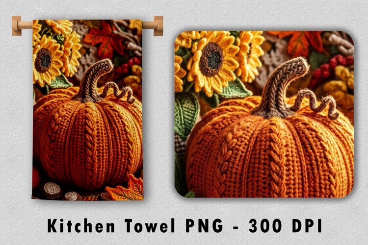 Crochet Fall Pumpkin Sunflower Kitchen Towel Sublimation PNG example image 1