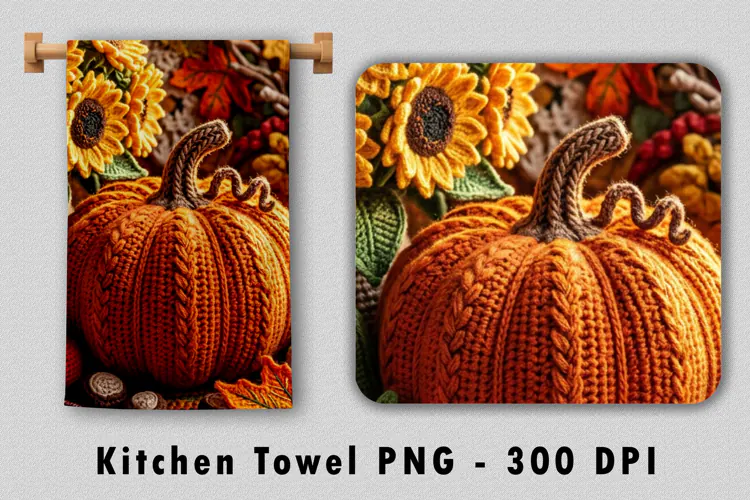 Crochet Fall Pumpkin Sunflower Kitchen Towel Sublimation PNG