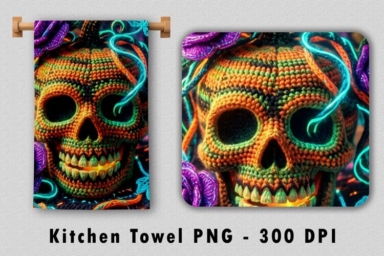 Crochet Gothic Skull Kitchen Towel Sublimation PNG 300 DPI example image 1