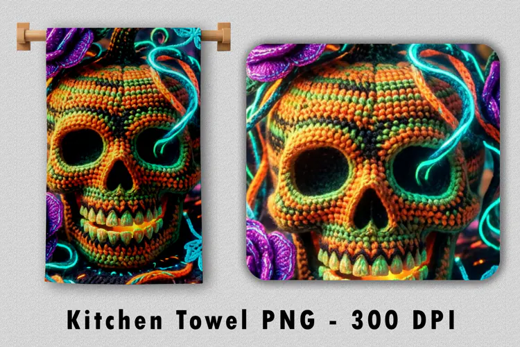 Crochet Gothic Skull Kitchen Towel Sublimation PNG 300 DPI