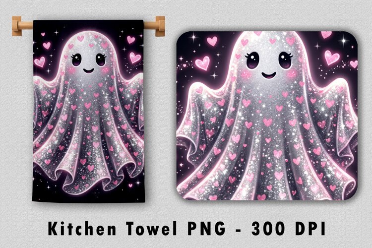 Cute Glitter Pink Heart Ghost Kitchen Towel Sublimation PNG example image 1
