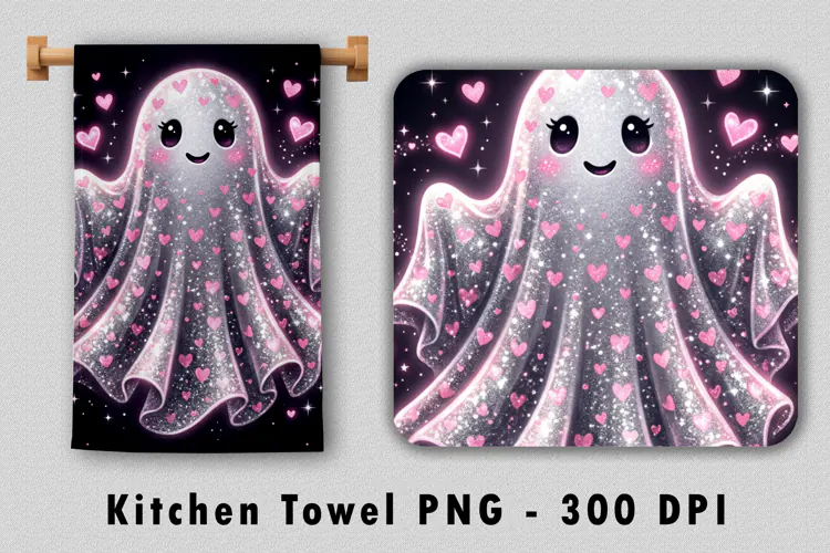 Cute Glitter Pink Heart Ghost Kitchen Towel Sublimation PNG