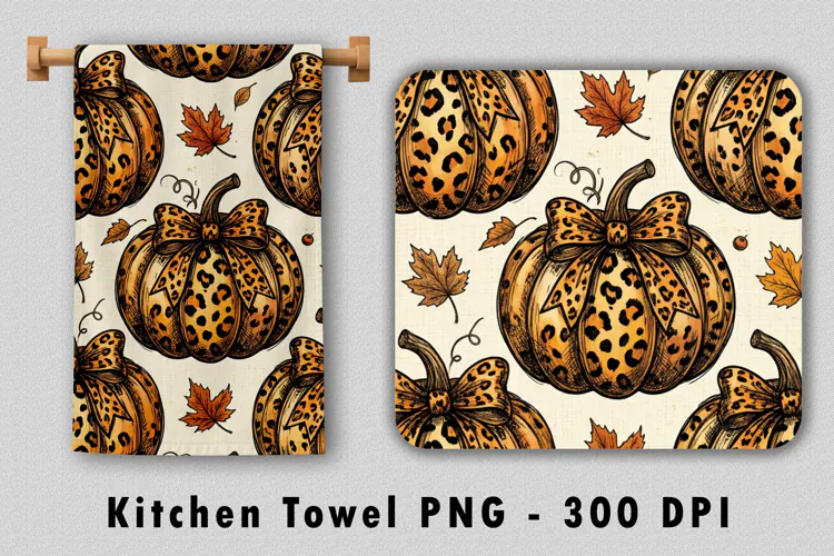 Leopard Pumpkin Kitchen Towel Sublimation PNG 300 DPI