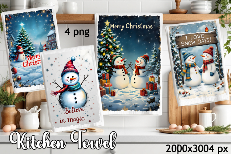 Christmas Kitchen Dish Towel PNG. Snowman Sublimation