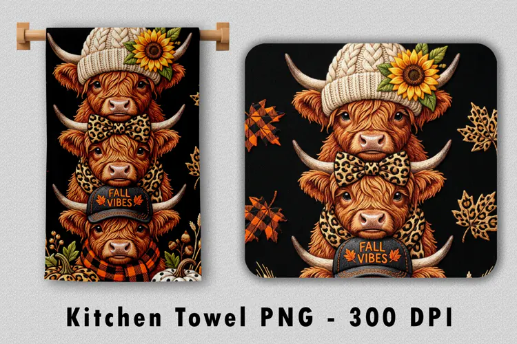 Autumn Stacked Highland Cows Kitchen Towel Sublimation PNG
